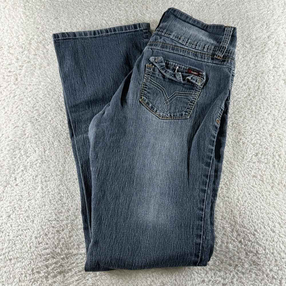 Y2K Angels Jeans Boot Cut Triple Button Medium Wash Blue Size 8 28x32 Stretch
